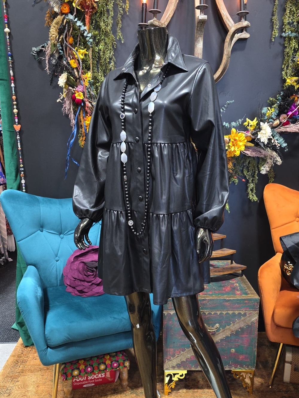 Calista Black Faux Leather Tiered Midi Dress